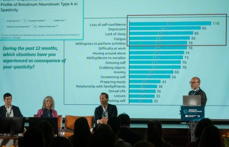 Especialista apresenta resultados de um estudo sobre as consequências da espasticidade, com um gráfico projetado, perante três participantes sentados no palco.